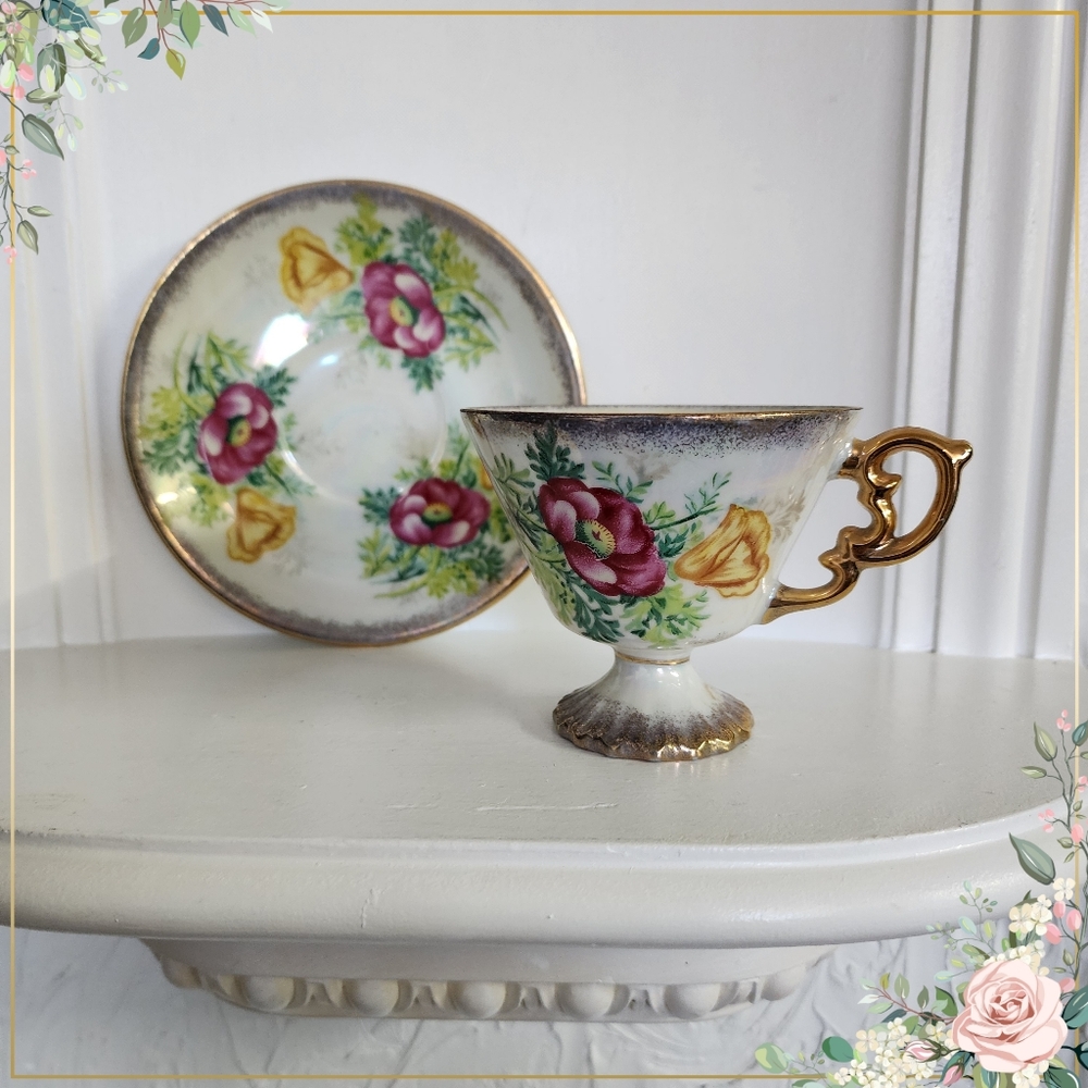 Beautiful vintage tea cup and saucerJapan ceramic Spring Yellow floral design